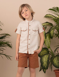Mandarin Collar Beige Boy Shirt - Thumbnail