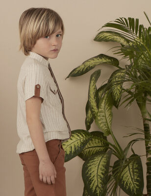 Mandarin Collar Beige Boy Shirt - 5