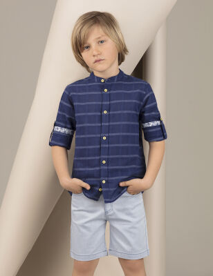 Mandarin Collar Navy Blue Boy Shirt - 1