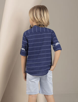 Mandarin Collar Navy Blue Boy Shirt - 2