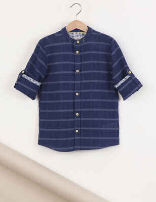 Mandarin Collar Navy Blue Boy Shirt - 3