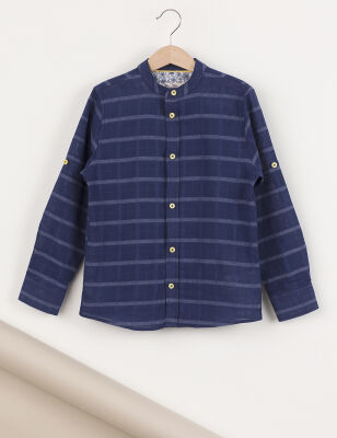 Mandarin Collar Navy Blue Boy Shirt - 5