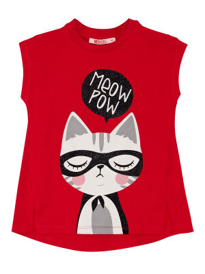 Kırmızı Meow Pow Çizgili Kız Çocuk Yazlık T-shirt Tayt Takım - 5