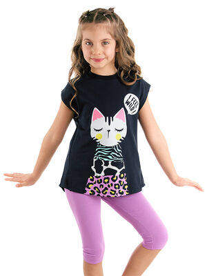 Orman Kedisi Kız Çocuk T-shirt Lila Tayt Takım