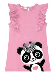Panda Ruffled Pink Girl Dress - Thumbnail