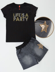 Party Kız Çocuk T-shirt Denim Şort Takım - 2