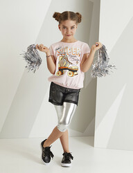 Paten Fileli Kız Çocuk T-shirt Parlak Tayt Takım - Thumbnail