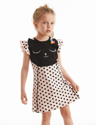 Pompom Dotted Pink Girl Dress - Thumbnail