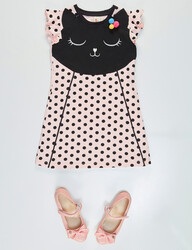 Ponpon Puanlı Kedi Kız Çocuk Elbise - Thumbnail
