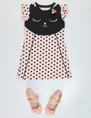 Ponpon Puanlı Kedi Kız Çocuk Elbise
