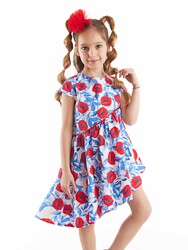 Poppy Red&Blue Poplin Girl Dress - Thumbnail