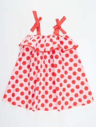 Red Dots Girl Pink Poplin Dress - Thumbnail