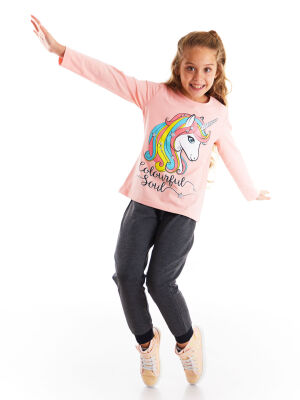 Renkli Unicorn Kız Çocuk T-shirt Pantolon Takım - 1