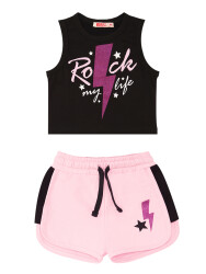 Rock Life Kız Çocuk Siyah Pembe Yazlık Crop T-shirt Şort Takım - 3