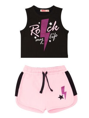 Rock Life Kız Çocuk Siyah Pembe Yazlık Crop T-shirt Şort Takım - 3