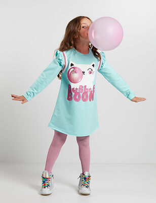 Sakızlı Kedi Kız Çocuk Mint Elbise