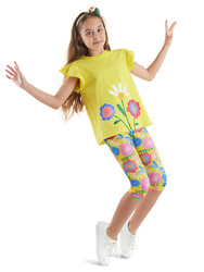 Sarı Çiçekli Kız Çocuk T-shirt Tayt Takım - Thumbnail