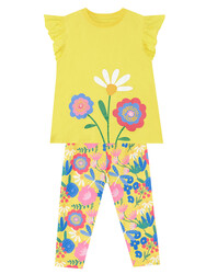Sarı Çiçekli Kız Çocuk T-shirt Tayt Takım - Thumbnail