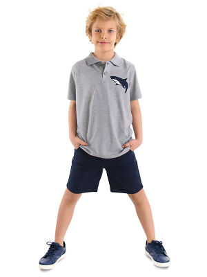 Shark Embroideried Pique Polo Shirt&Twill Shorts Set - 1