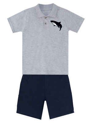 Shark Embroideried Pique Polo Shirt&Twill Shorts Set - 3