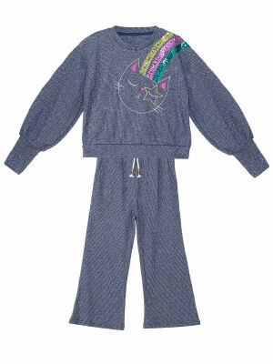 Silver Cat Girl Knitted Navy Blue Tracksuit - 3