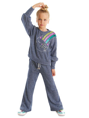 Silver Cat Girl Knitted Navy Blue Tracksuit