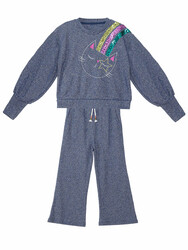 Silver Cat Girl Knitted Navy Blue Tracksuit - Thumbnail