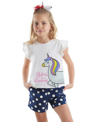 Puantiyeli Unicorn Kız Çocuk Yazlık T-Shirt Poplin Şort Takım - 1