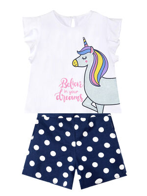 Puantiyeli Unicorn Kız Çocuk Yazlık T-Shirt Poplin Şort Takım - 3