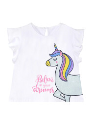 Puantiyeli Unicorn Kız Çocuk Yazlık T-Shirt Poplin Şort Takım - 5