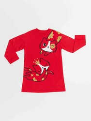 Simli Kedi Kız Çocuk Kırmızı Elbise - Thumbnail