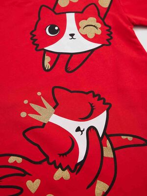 Simli Kedi Kız Çocuk Kırmızı Elbise