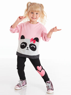 Simli Panda Kız Çocuk Sweatshirt Tayt Takım