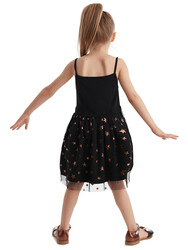 Siyah Bakır Yıldızlı Kız Çocuk Elbise - Thumbnail