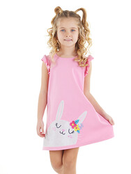 Süslü Tavşan Pamuklu Kız Çocuk Pembe Elbise - Thumbnail