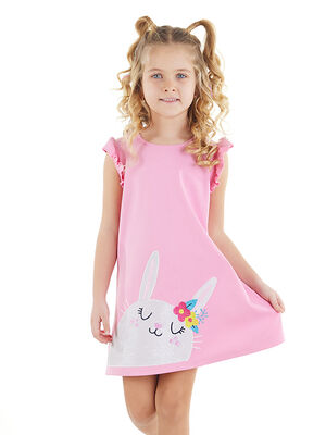 Süslü Tavşan Pamuklu Kız Çocuk Pembe Elbise
