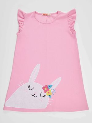 Süslü Tavşan Pamuklu Kız Çocuk Pembe Elbise