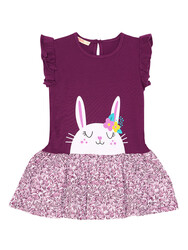 Süslü Tavşan Kız Çocuk Pamuklu Mor Elbise - Thumbnail