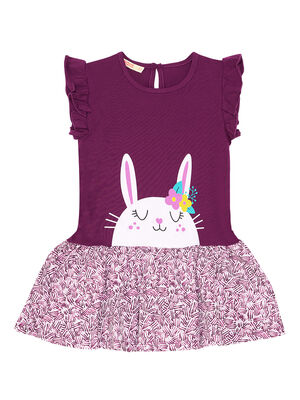 Süslü Tavşan Kız Çocuk Pamuklu Mor Elbise