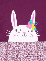 Süslü Tavşan Kız Çocuk Pamuklu Mor Elbise - Thumbnail