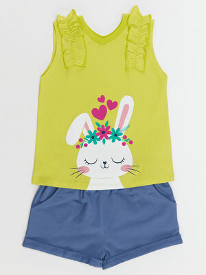 Tavşan Kalbi Pamuklu Penye Kız T-shirt Şort Takım