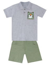 Tiger Appliqued Pique Polo Shirt&Twill Shorts Set - Thumbnail