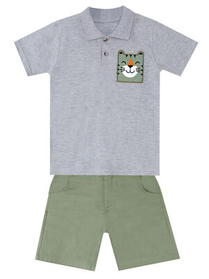 Tiger Appliqued Pique Polo Shirt&Twill Shorts Set