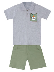 Tiger Appliqued Pique Polo Shirt&Twill Shorts Set - 3