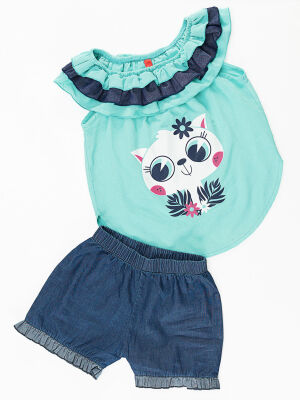 Turqouise Ruffled Denim Shorts Set - 3