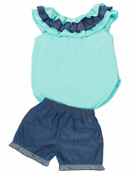 Turqouise Ruffled Denim Shorts Set - 4