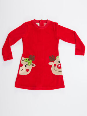 Twin Deers Girl Red Velvet Xmas Dress - 3