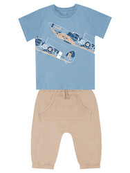 Uçak Erkek Çocuk T-shirt Kapri Şort Takım - Thumbnail