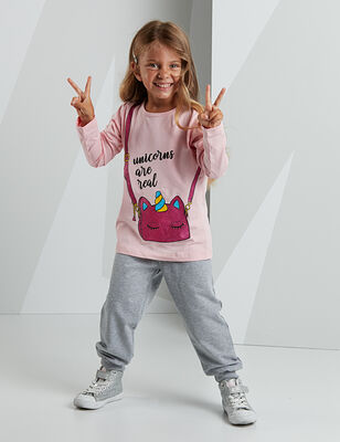 Unicorn Cat Girl Pink/Grey Pants Set - 1