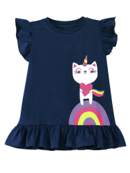 Lacivert Pembe Unicorn Kedi Fırfırlı Kız Çocuk Yazlık T-shirt Tayt Takım - 5